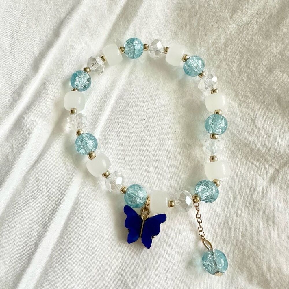 Blue butterfly beaded stretch bracelet  - Picture 2 of 2